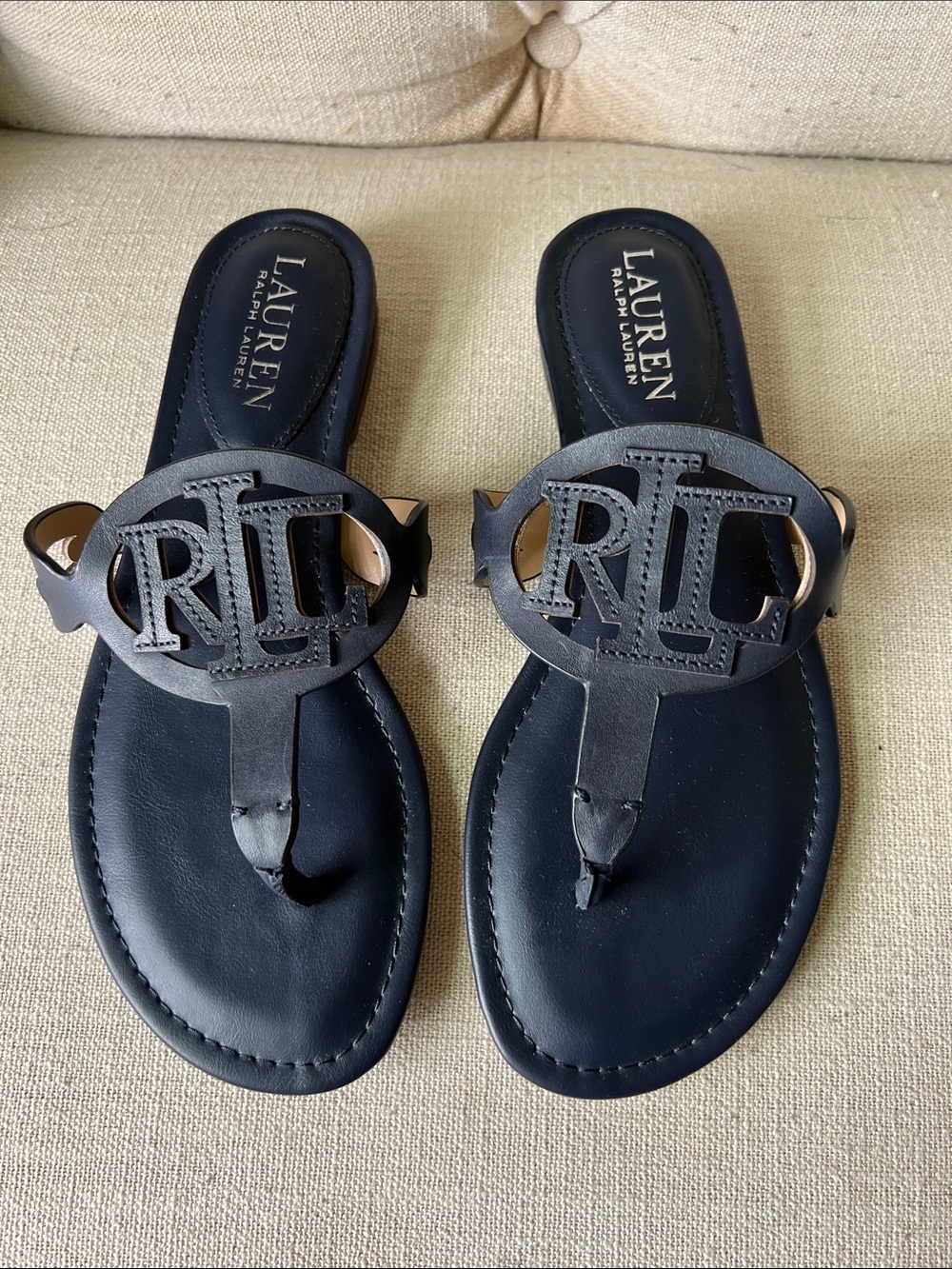 LAUREN Ralph Lauren Navy Leather Logo Thong Sandals